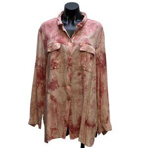 John Mark Pink Tie-Dye Button-Up Blouse W/ Floral Patchwork Back XL